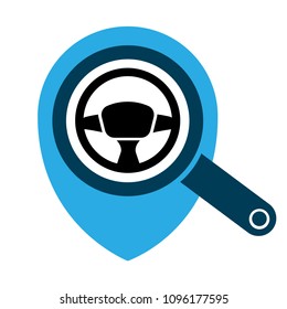 driving school here. driving school icon and map pointer. steering wheel symbol