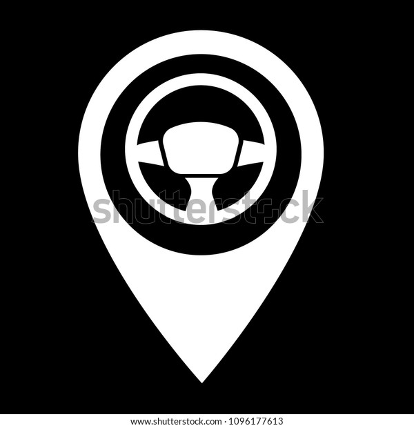 driving school here. driving school icon and map\
pointer. steering wheel\
symbol