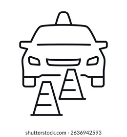 Driving school icon featuring a car and traffic cones for learner education in safe driving practices