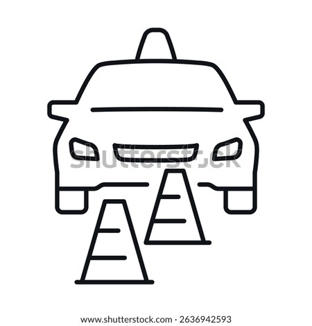 Driving school icon featuring a car and traffic cones for learner education in safe driving practices