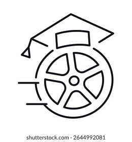 Driving school icon illustrating a tire with a graduation cap, symbolizing road safety education and certification