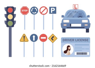 Driving school icon set. Driving lessons and training, driver's license, identity card, road signs, traffic light, car. Vector flat illustration 