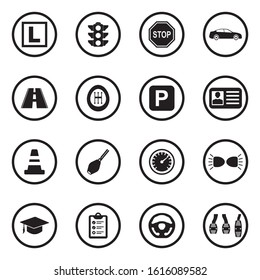 Driving School Icons. Black Flat Design In Circle. Vector Illustration.