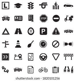 Iconos de la escuela de conducción. Diseño plano negro. Ilustración vectorial.