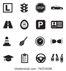 Driving School Icons. Black Flat Design. Vector Illustration. 