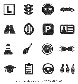 Driving School Icons. Black Scribble Design. Vector Illustration.