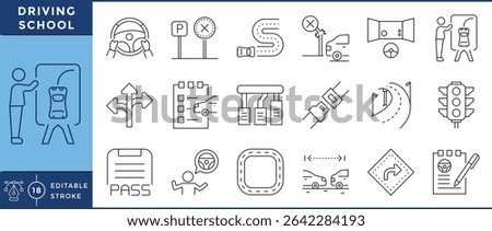 Driving school icons pack. 18 line icons. Vector editable stroke. Drive, rules, teach, pass, steering, simulation.