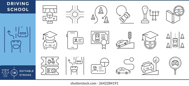 Driving School icons set. 18 line icons. Vector editable stroke. Drive, graduate, license, exam, practice, road, rules.