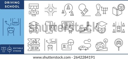Driving School icons set. 18 line icons. Vector editable stroke. Drive, graduate, license, exam, practice, road, rules.