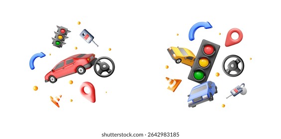 Driving school icons set with car, traffic light, steering wheel, key, and destination pin for education.