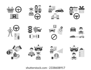Driving school icons set. Editable vector.