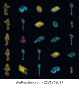 Driving school icons set. Isometric set of driving school vector icons neon color on black isolated