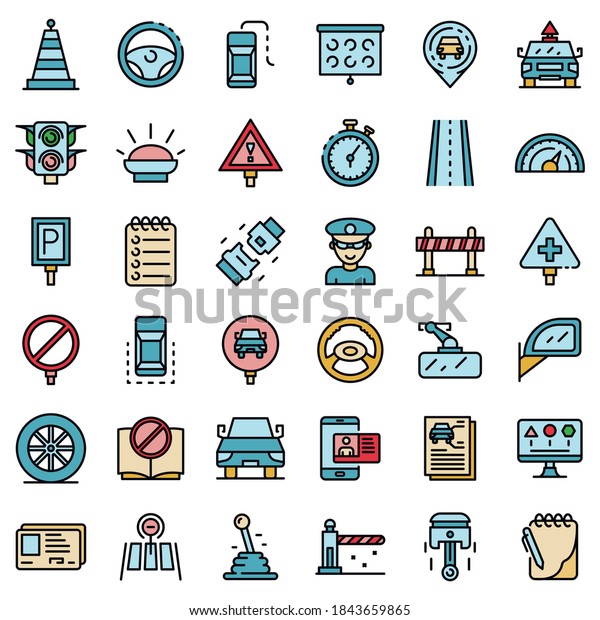 Driving school icons set.\
Outline set of driving school vector icons thin line color flat on\
white