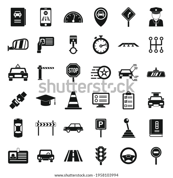 Driving school icons set.\
Simple set of driving school vector icons for web design on white\
background