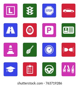 Driving School Icons. White Flat Design In Square. Vector Illustration. 