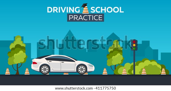 Driving school illustration. Auto Education. The\
rules of the road.\
Practice