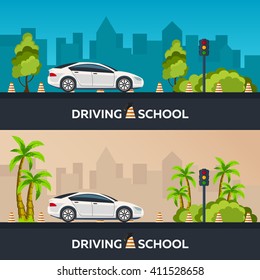 Driving school illustration. Auto. Sity. Auto Education. The rules of the road. Palm