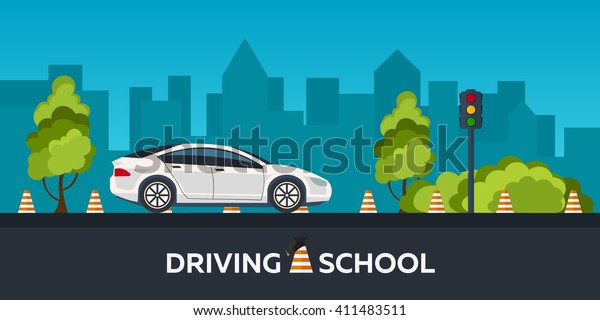 Driving school illustration. Auto. Sity. Auto
Education. The rules of the
road.