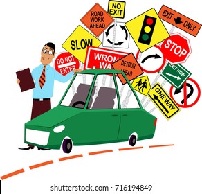 Driving school instructor standing in front of a car, assorted traffic signs behind him, EPS 8 vector illustration