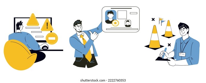 Driving school with instructor and student during rules test and driving test, flat vector illustration isolated on white background. Driving license training.