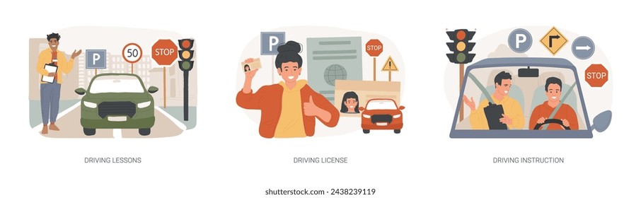 Driving school isolated concept vector illustration set. Driving lessons and instruction, driving license, passing test, ID card, international permit, exam preparation, certificate vector concept.