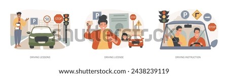 Driving school isolated concept vector illustration set. Driving lessons and instruction, driving license, passing test, ID card, international permit, exam preparation, certificate vector concept.