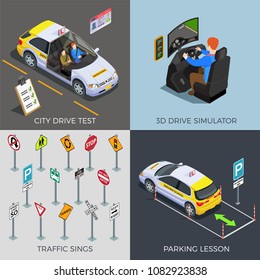 Driving school isometric 2x2 design concept with compositions of traffic signs drive simulators cars and text vector illustration