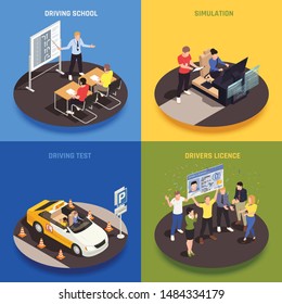 Driving school isometric 2x2 design concept with characters of students instructors training vehicle and classroom appliances vector illustration