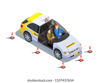 Driving school isometric composition with images of instructor and learner in car surrounded by safety cones vector illustration