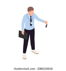 Driving school isometric composition with isolated character of teacher vector illustration