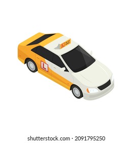 Driving school isometric composition with isolated image of student car vector illustration