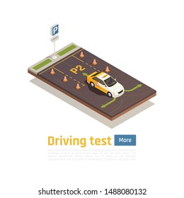 Driving school isometric composition with training car green arrows cones and editable text with more button vector illustration