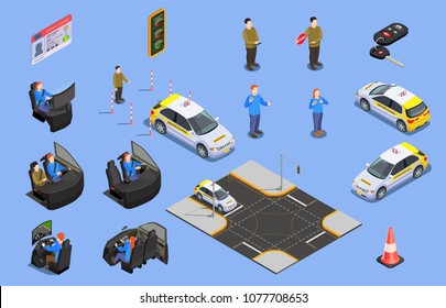 Driving School Isometric Icons Collection Of Car Simulators Driver License And Human Characters With Safety Cone Vector Illustration