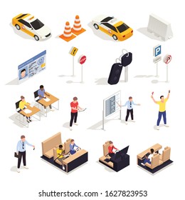 Driving school isometric set with isolated icons of traffic signs characters of students desks and cars vector illustration