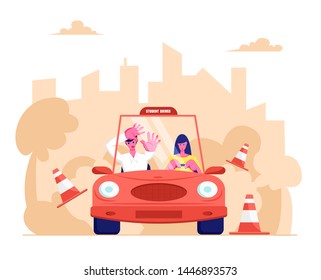 Driving School, Learner Driving Car With Frightened Instructor. Student Driver Girl Study Drive Automobile Bumping Road Signs. Cartoon Flat Vector Illustration, Banner