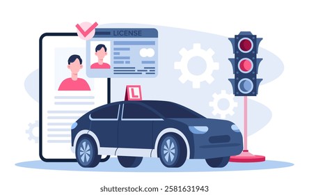 Driving school lesson. Black car near drivers license and traffic lights. Education and training, learning. Examination and test. Personal identification. Flat vector illustration