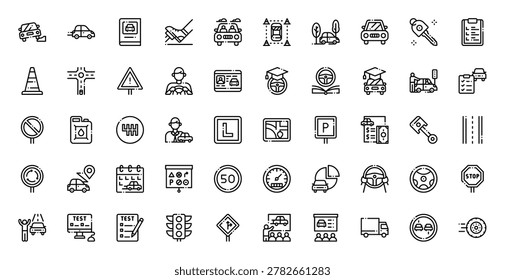 Driving School Lesson Car Training License Road Test Icon Set