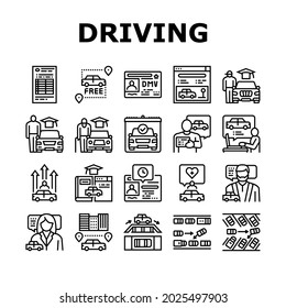 Driving School Lesson Collection Icons Set Vector. Driving School Educational Material And Test, Diagonal And Parallel Parking Teach Instructor Black Contour Illustrations