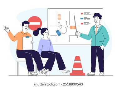 Dirigir aula de escola. Homem e mulher assistindo palestra para motoristas. Educação, aprendizagem e formação. Informações sobre regras de tráfego. Ilustração de vetor linear isolada no plano de fundo branco