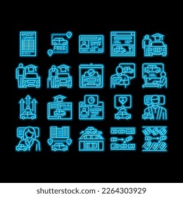 Driving School Lesson neon light sign vector. Driving School Educational Material And Test, Diagonal And Parallel Parking Teach Instructor Illustrations