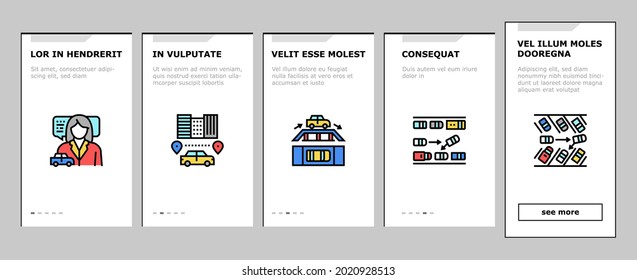 Driving School Lesson Onboarding Mobile App Page Screen Vector. Driving School Educational Material And Test, Diagonal And Parallel Parking Teach Instructor Illustrations