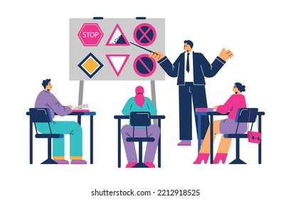 Conducción de clases escolares con gente aprendiendo reglas de tránsito, ilustración vectorial de caricatura plana aislada en fondo blanco. Entrenamiento para el examen de licencia de conducir.