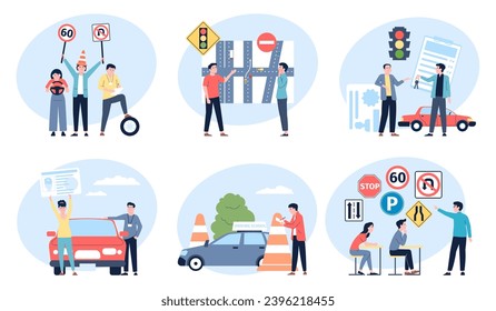 Driving school lessons. Drivers education, prepare examination and giving license. People learning road safety rules, flat abstract recent vector scenes