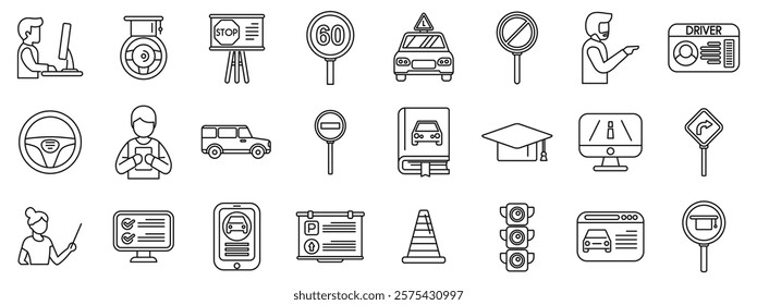  Driving school lessons icons set. Driving school icons depict learning process, from online theory tests and classroom lessons to practical driving and road signs