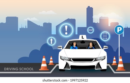 Driving school. Driving lessons, license, instruction, passing test, ID card, international permit, exam preparation. Vector illustration