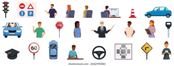 Vector de clases de conducción. Una colección de iconos para varias señales de tráfico y símbolos