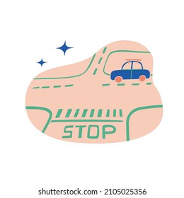Driving school license background. Teaching driver.Vector hand drawn flat style.Poster for web print.Funny minimalist style.Stop sign 