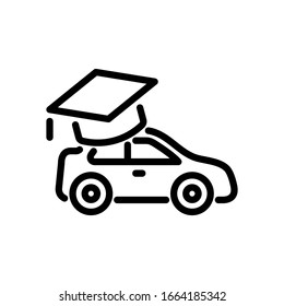 Icono de línea de escuela de conducción. Logo de autoeducación con camión y tapón de graduación aislado en fondo blanco. Trazo editable. Ilustración vectorial para web, diseño, aplicación, anuncio, medios sociales