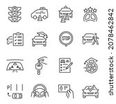 Driving school line icon set monochrome vector illustration. Simple linear logo learning car control vehicle drive isolated. Studying transportation education wheel, engine, key, rules, examination