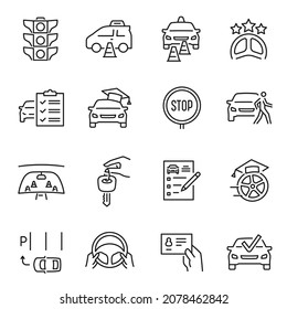 Driving school line icon set monochrome vector illustration. Simple linear logo learning car control vehicle drive isolated. Studying transportation education wheel, engine, key, rules, examination